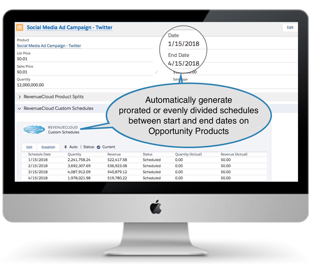 Automatically generate prorated or evenly divided revenue schedules with RevenueCloud Subscriptions Schedules feature.